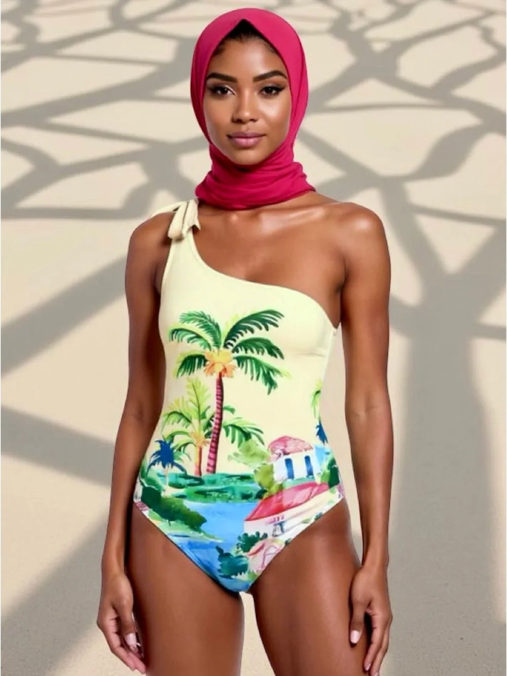 Tropical One-Shoulder Swimsuit -Yellow & Blue
